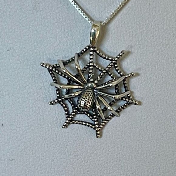 Detailed 3D Solid Sterling Silver Spider Halloween Fall 18” Box Chain Necklace - Picture 1 of 4